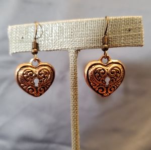 Coppertone heart key lock earrings